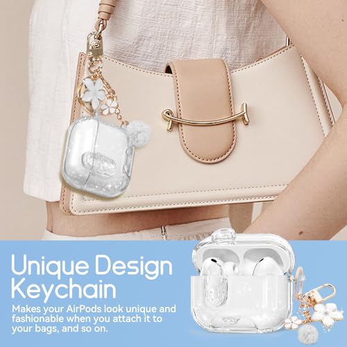 Image of for AirPods Pro 3 Case 2025 with Safety Lock,Glitter White | Clear Case with Phone Stand & Cleaner Kit,Cute Floral Chain for Women Girls,Soft TPU Protective Cover,Shockproof