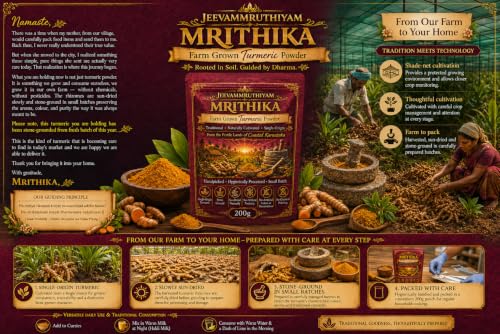 Image of Turmeric Powder Mrithika | Sun-Dried Haldi Powder | High Curcumin Manjalpodi | Stone-Grounded fresh batch | Pesticide-Free Arishina, No Additives Pasupu | MRITHIKA Farm-Grown curcuma longa Coastal Karnataka (100gm Pouch)