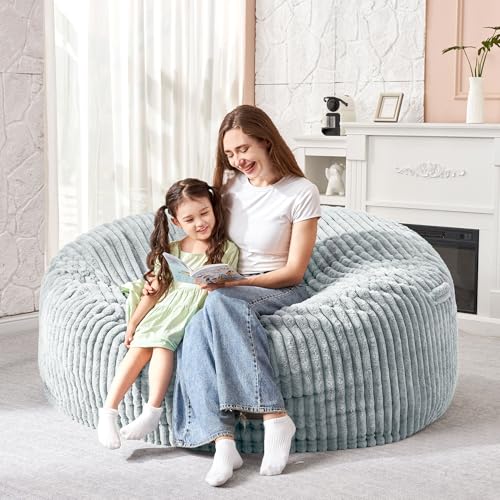 Image of HABUTWAY 3FT Bean Bag Chair, 3' Large Bean Bag Chairs for Adults with Stripe Plush Cover, Memory Foam Beanbag Chair for Living Room Bedroom Dorm,Light Grey