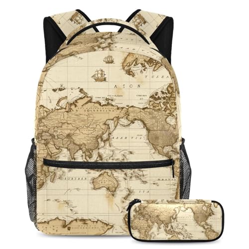 Cartable vintage avec carte politique du monde sac à dos grande capacité ado