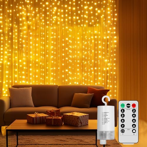 RJEDL Vorhang Lichter batteriebetrieben, 6x3m 600LED Fee Vorhang Lichter im Freien wasserdicht mit Fernbedienung, 8 Modi Wasserfall Garten String Lichter für Patio Gazebo Party Valentinstag