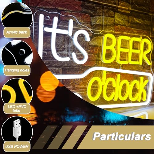 Image of Mutank It'S Beer O'Clock Neon Sign, Beer Neon Light USB Powered LED Dimmable, for Bar Game Room Nightclub Restaurant Beer Sign Men'S Cave Garage Court Decor(15.7 * 9.8 In)