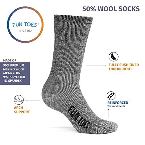 FUN TOES Men's Hiking Crew Merino Wool Socks 6 Pairs Lightweight, Reinforced Size 8-123