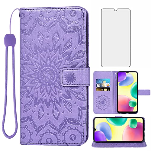 Asuwish Phone Case For Xiaomi Redmi 10A/9C Wallet Cases With Tempered Glass Screen Protector Sunflower Leather Slim Flip Cover Card Holder Stand Cell Accessories Redme Redmi10A Redmi9C Women Purple #TOP28