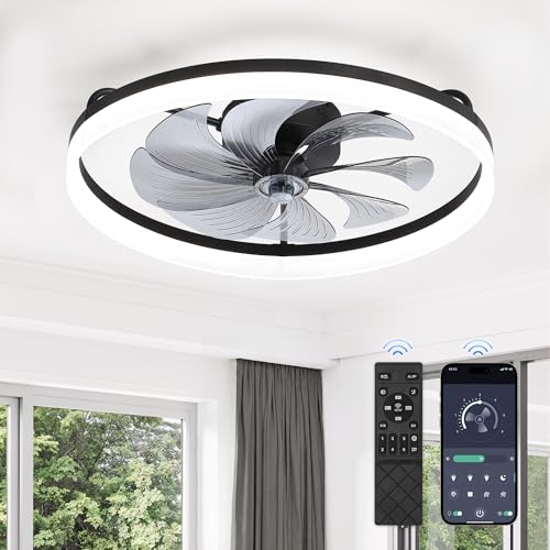 Image of LEDIARY Ceiling Fans with Lights, 23 inch Low Profile Flush Mount Ceiling Fan, Dimmable LED, APP & Remote Control, Quiet Reversible DC Motor, 6 Speeds, Fandelier for Bedroom, Black
