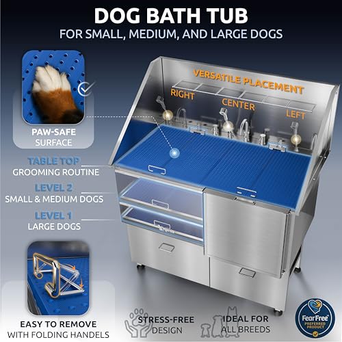 Image of KANIS Professional Dog Washing Station 304 Stainless Steel Pet Wash Sink & Grooming Bathtub w /Shower, Floor Grates and Storage for Large, Medium & Small Pets (Silver, 50 Inches, Right Ramp, 2 Drawers)