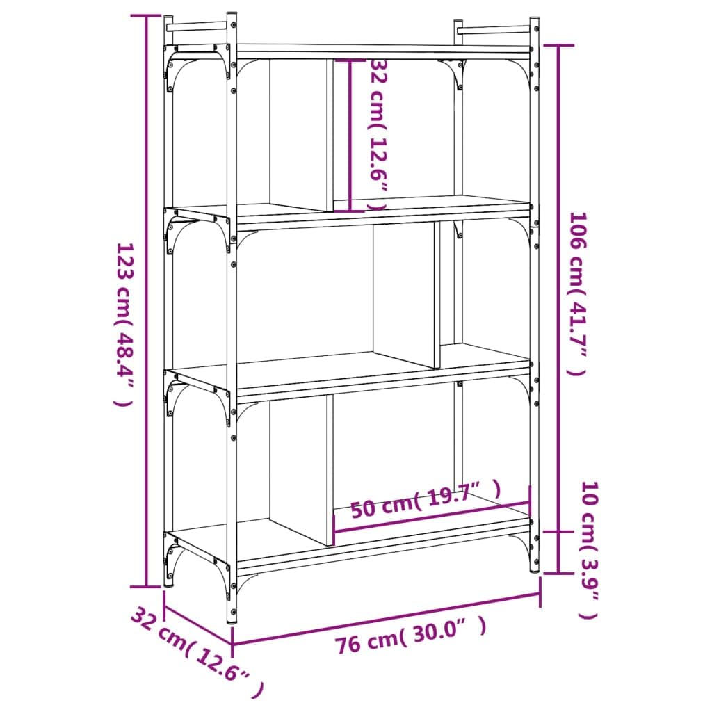 Bücherregal 4 Böden Schwarz Holzwerkstoff und Metall mit verstellbaren Beinen 76x32x123 cm freistehend für Wohnzimmer, Büro und Kinderzimmer als platzsparendes Regalsystem mit viel Stauraum