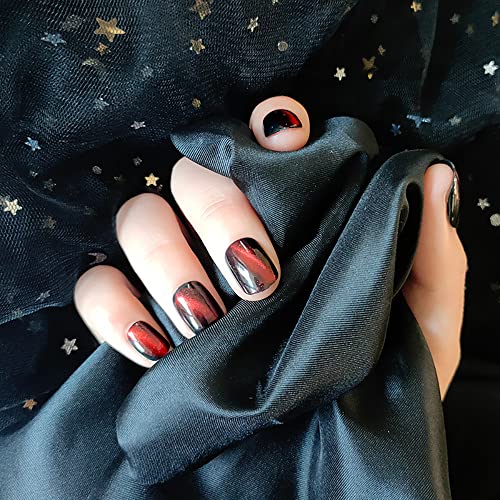 Cat Eye Short Press on Nails Square Dark Red and Black Fake Nails Glossy Full Cover Nail Tips Exquisite Design Acrylic False Nails for Women and Girls 24Pcs