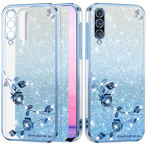 Coque fleurie bleue pour Galaxy A50, protection silicone pailletée idéale au quotidien