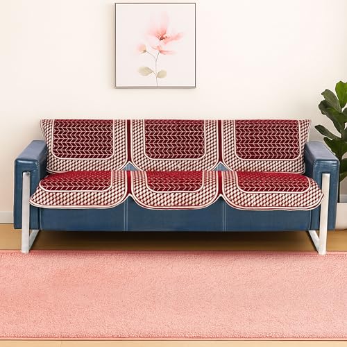 Image of Maroon Chenille Woven Anti-Slip 3 Seater Sofa Cover | L-Shape Sofa Seat Protector for Living Room | Durable & Stylish Slipcover