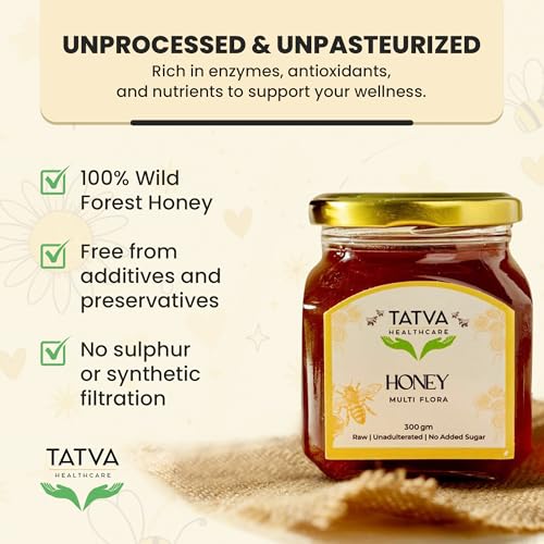 Image of Raw Multi Flora Honey 300g | Glass Jar | Free Wooden Dipper | NMR Tested & Pure | Unprocessed & Unpasteurized | Healthy Sugar Alternative | Shivalik Hills | Tatva Healthcare