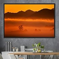 Framed Canvas Wall Art Orange Sunset Abstract Aerial Colorful Digital Art Landscape Minimalist Mountain Top Multicolor - 16x24 inches