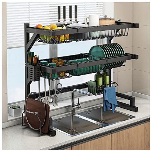 GUHPZA Escurreplatos De Acero Inoxidable para Encimera De Cocina, con 6 Ganchos Multiusos, Color Negro, 55 Cm,Black-b-75cm
