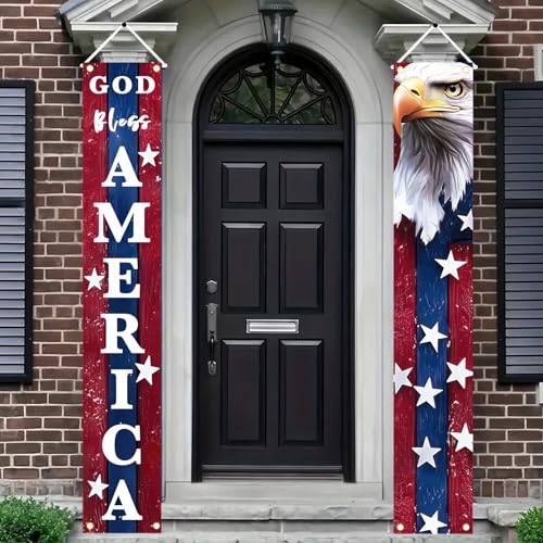 Image of BlissYard 4th of July Door Banner Set Patriotic American Flag Porch Decorations God Bless America Hanging Sign for Front Door Independence Day Outdoor Decor Memorial Day Veterans Party Banner