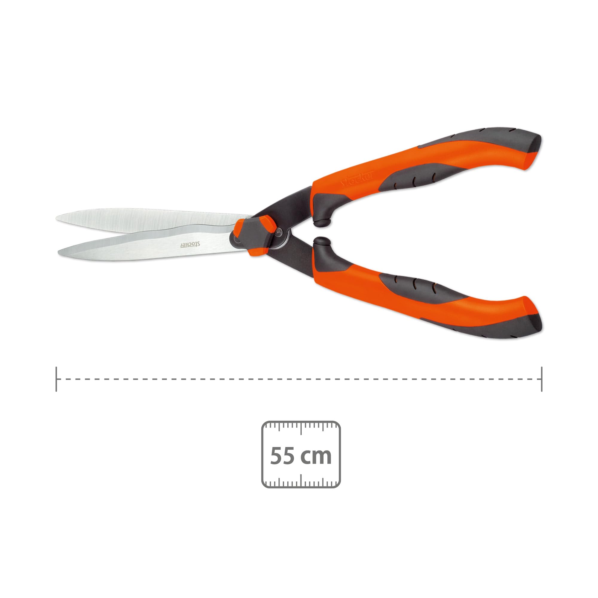 STOCKER - Heckenschere Hobby 55, 55 cm Länge, Hard-Chrome-Klingen mit Wellenschliff, ergonomische rutschfeste Griffe, Ideal für Sträucher und Hecken, Leichtgewicht 898g