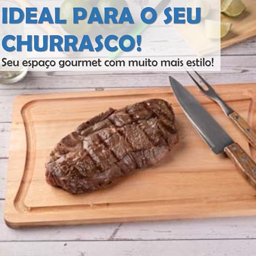 Kit Churrasco Com Faca e Garfo de Aço Inoxidável + Tábua De Corte Em Madeira Reflorestada, Resistent