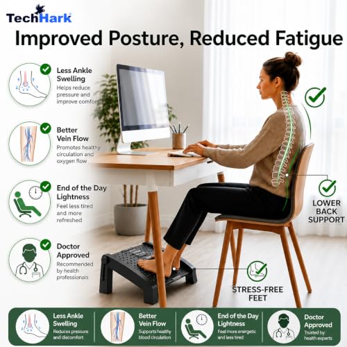 Image of TechHark Adjustable Footrest with Massage Surface, Ergonomic Under Desk Foot Rest for Office and Home, Height Adjustable, Black (6-Month Warranty)