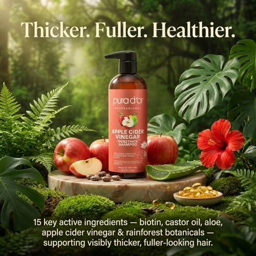 Image of PURA D'OR Apple Cider Vinegar Thin2Thick Shampoo - Biotin, Castor Oil for Reduced Frizz, Split Ends, Clarifying & Detox, No Parabens, No Sulfates, All Hair Types, Men & Women 16 Fl Oz