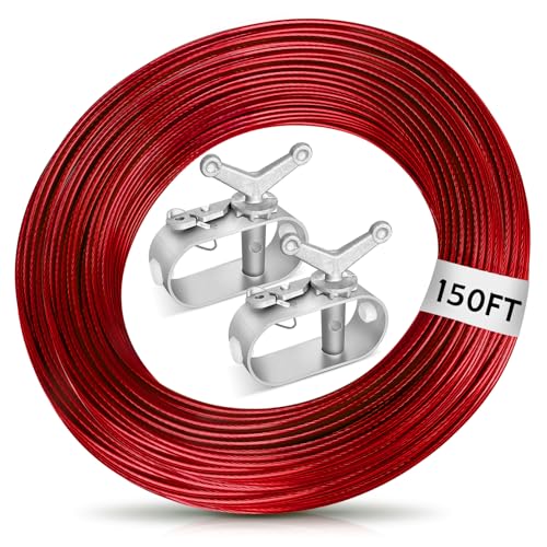 Jowlawn Pool Cover Cable and Winch Kit 150ft Plastic-Coated Steel Pool Cover Wire and Winch for Above Ground Pool Cover Cable Winch Pool Cover Cable Heavy Duty Pool Cable and Winch Kit (Red)