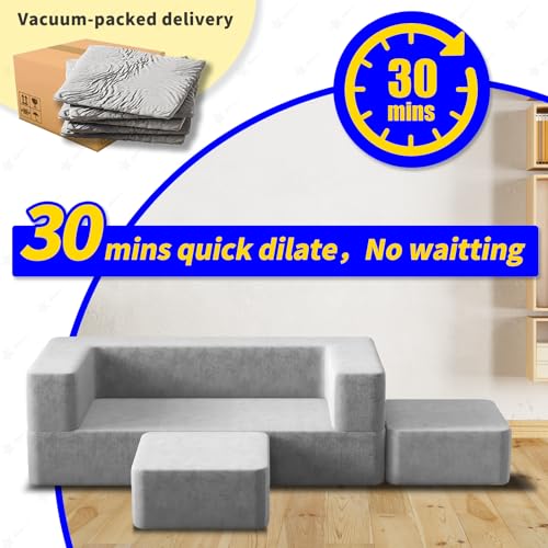 linor Kids Couch, Toddler Couch with Washable and Durable Covers, Modular Kids Sofa Couch, Foldable Loveseat & Two Ottoman, Fold Out Lounger (Charcoal)