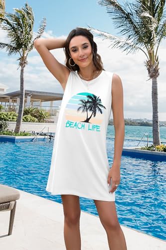 Image of MYHALF Summer Tank Dress for Women Sleeveless Beach Vacation Sundress Short Coconut Tree Sun Dress Casual Coverup