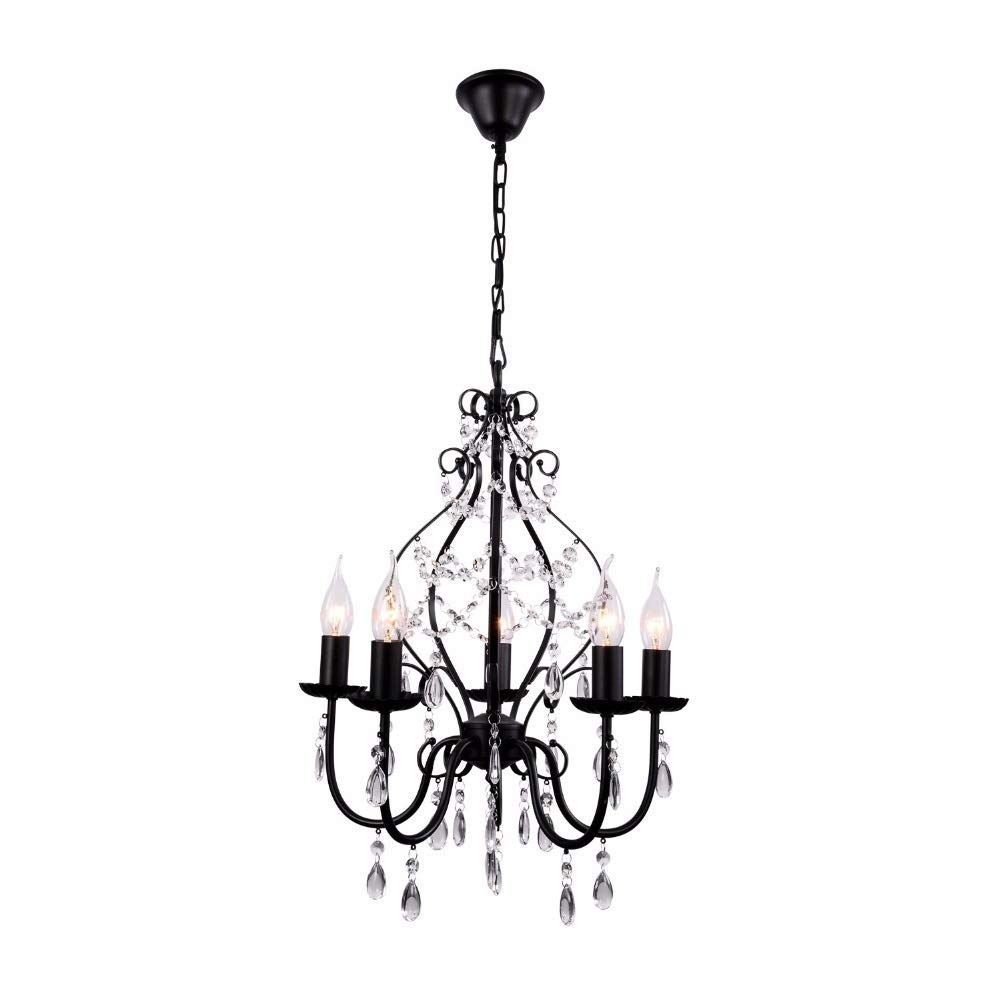Lustre américain en fer forgé noir et cristal à 5 têtes LED pour salon