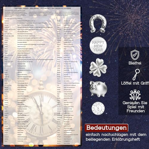 Zinngießen Set Silvester Spiele 2026 - 10 Zinn Giessen und 1 Löffel, Silvester Glücksbringer Geschenke für Partyspiele Deko, Neujahrsglücksbringer Neujahrsgeschenke Gesunde Alternative zum Bleigießen