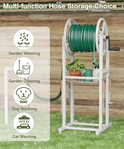 Image of Freestanding Garden Hose Reel holds 125ft Hose of 5 /8 inch with 4 Hooks, 4-Spike Outdoor Hose Holder with 3.9ft Leader Hose & Brass Fitting, Detachable Metal Hose Stand with Storage Rack, White