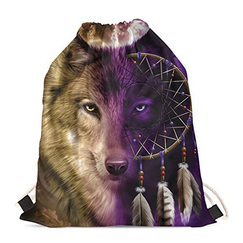 Binienty Gimnasio bolsa de cordón para deportes al aire libre senderismo viaje bolsa de hombro bolsa cincha mochila, Atrapasueños de lobo, Talla única Cover