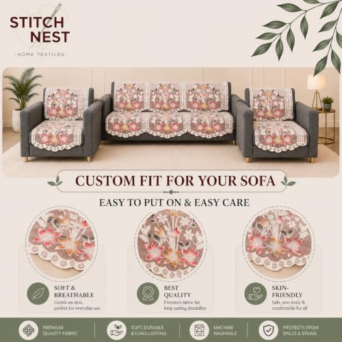 Image of STITCHNEST Gulnaar Beige 10 Piece Cotton Net Sofa Slip Cover |5 Seater