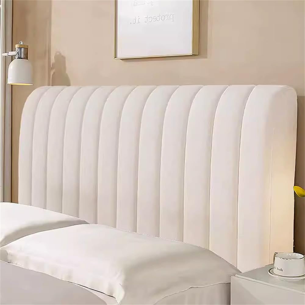 Hearda Velvet Elastic Bed Headboard Cover, All-inclusive Universal Dustproof Protector Cover, Soft Thick Headboard Slipcover Stripe Bed Head Cover For Bedroom Decor, Washable (200cm,White)