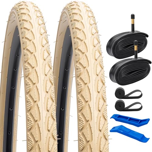 YunSCM 2本セット,700 38c タイヤ,700x38c 40-622 自転車タイヤ + 700x35/43c チューブ 肉厚 米式バルブ48mm +リムテープ+ タイヤレバ,適用 700x38c クロスバイク、ロードバイク,Y-225(ベージュ)