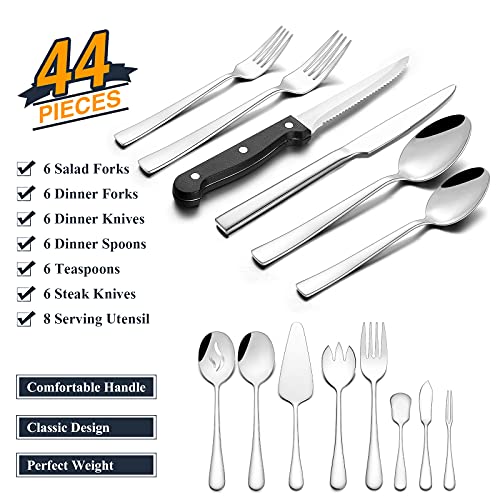 44-Piece Silverware Set with Steak Knives and 8 Eating Utensils, Yoehka Stainless Steel Flatware Set Service for 6, Mirror Polished Tableware Cutlery Set for Home and Restaurant, Dishwasher Safe