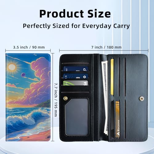 Womens Wallet,RFID Blocking Credit Card Slim Thin Holder,Long Bifold PU Leather Card Organizer,Cash Clutch Billfold Pocket Ladies Minimalist Travel Wallets,Pink Clouds Waves Sun3