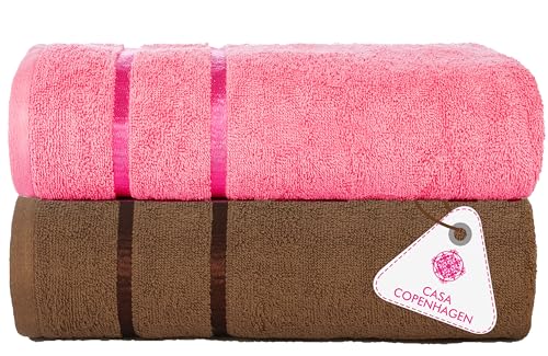 Image of Casa Copenhagen, Super Soft Eternal Collection 2 Pieces 100% Cotton Large Bath Towel (Size : 75 x 150 cm) - Brown & Pink