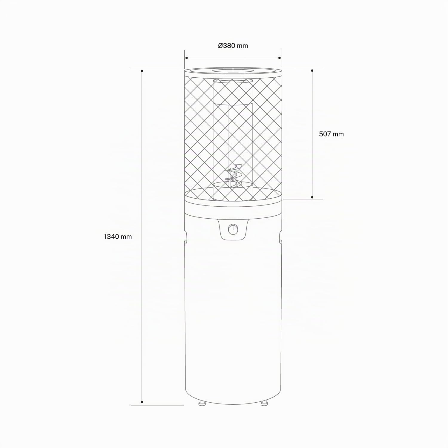 CREATE/FIRE ROUND HEATER/Calefactor de gas negro para terrazas y exteriores/Encendido eléctrico, llama regulable, sistema de seguridad, uso exterior, materiales resistentes, 8 kW