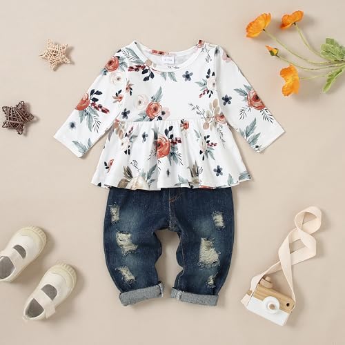 Image of CARETOO Girls Clothes Outfits, Cute Baby Girl Floral Long Sleeve Pant Set Flower Ruffle Top