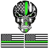 3 Pcs of Reflective Thin Green Line American Flag Stickers and Skull Tattered Subdued US Flag Reflec