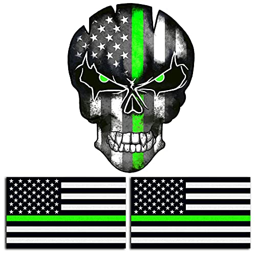 3 Pcs Of Reflective Thin Green Line American Flag Stickers And Skull Tattered Subdued Us Flag Reflective Car Decal With Thin Green Line, Compatible With Motorcycles, Cars And Trucks. #TOP1