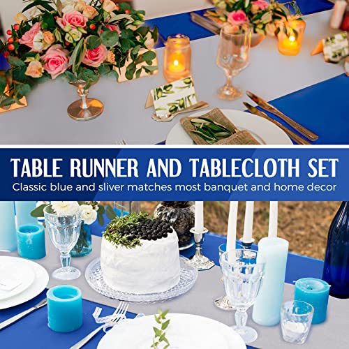 Image of Breling 8 Pack Navy Blue and Silver Disposable Plastic Tablecloths and Satin Table Runner, 54 x 108 Inch Tablecloth, 12 x 108 Inch Table Runners for Wedding Graduation Birthday Baby Shower New Year
