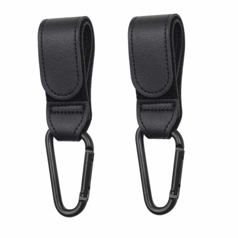 Ganchos Carrito de Bebé, Ganchos Universales para Silla Paseo, Colgadores Multiusos para Cochecito Bebé, Ganchos Giratorios Silla Bebé, Soporta hasta 5 Kg, Cuero sintético, Negro, 2 unidades
