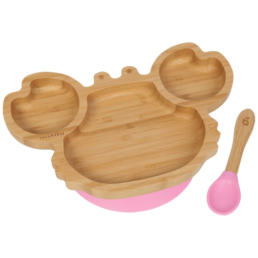 Crab Plate and Spoon Set for Babies Bamboo Baby Feeding Plate Suction Plate Set with Silicone Spoon for Kids , Toddlers, Encourage Baby Led Weaning BPA Free (Pink)