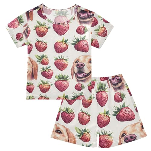 ALAZA Dachshund Dog Strawberry Pajamas Set Short Sleeve Cotton Sleepwear Summer Pjs 2 Piece 5-14Y