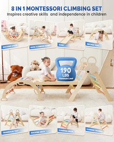 Pikler Triangle Set for Kids, 8 in 1 Colorful Montessori Large Climbing Toys for Toddlers 1-6 Inside with Ramp, Arch and Foldable Triangle, Wooden Child Indoor Playground - Image 5