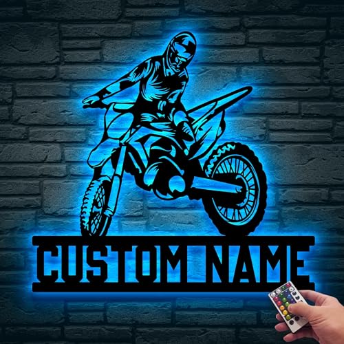 Image of Custom Motorcycle Dirt Bike Metal Wall With LEDLight, Custom Motorbike Name, Gift For Motorcycle Lovers, Wall Hanging, Home Decor, Birthday Xmas Gift