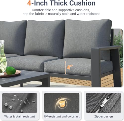 Image of UDPATIO Aluminum Patio Furniture Set Outdoor, Sectional Metal 4 Pieces Conversation Sofa Seating Set with Coffee Table for Garden Backyard, Gray