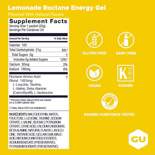 Image of GU Energy Roctane Ultra Endurance Energy Gel, Vegan, Gluten-Free, Kosher, and Dairy-Free On-The-Go Sports Nutrition for Running, Biking, Hiking or Skiing, 24-Count, Lemonade