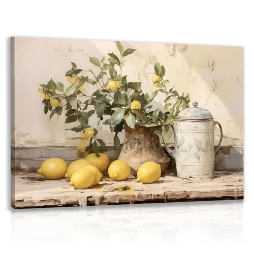 Hianan Vintage Yellow Lemon Kitchen Wall Art, Charming Lemon Still Life Wall Decor, Rustic Farmhouse Botanical Canvas Painting, Rustic Botanical Poster Print for Kitchen Living Room Framed 12'x16'