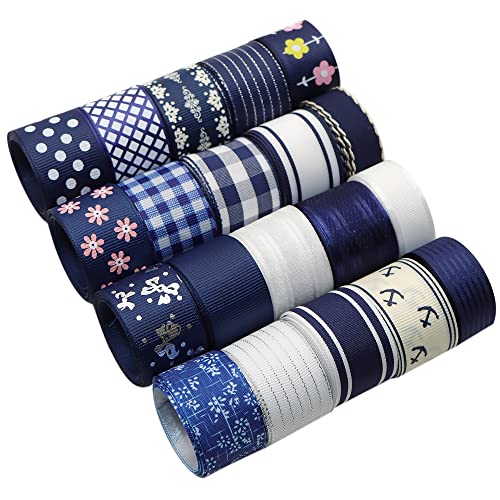 David Angie 20 Yard Grosgrain Satin Organza Fabric Ribbon Set 5/8" Or 1" Inch Navy Blue White Fabric Ribbon Assortment For Wedding Party Decorations Gift Wrapping Bows Making (Deep Color) #TOP5