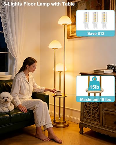 Image of Lightdot Gold Dimmable Floor Lamp with Table, Modern Floor Lamps with Mushroom Shades & Bulbs, 3000K Warm Lights Tall Standing Lamp for Living Room /Bedroom /Office /Sofa Beside /Corner Decor